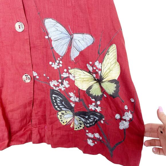Citron Santa Monica Orange Butterfly 100% Linen Button Front Top Sz M - Picture 3 of 7